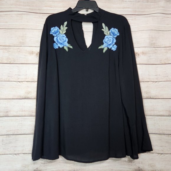 Unique Spectrum V-Neck Black Embroidered Tunic Choke Collar Women's Size XL - Picture 1 of 15